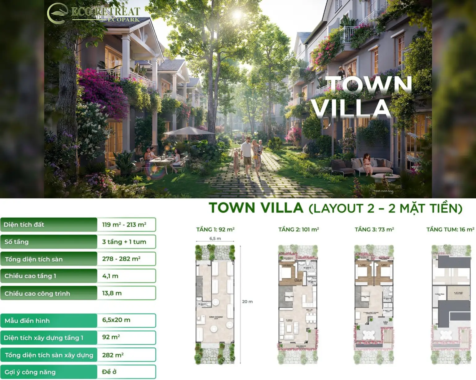 biệt thự phố 2matj tiền Town Villa Eco Retreat Long An